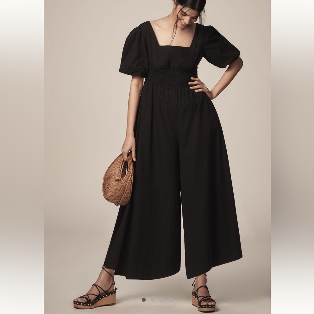 NWT Anthropologie Maeve Puff-Sleeve Smocked Culotte Jumpsuit Black Sz XS Tall